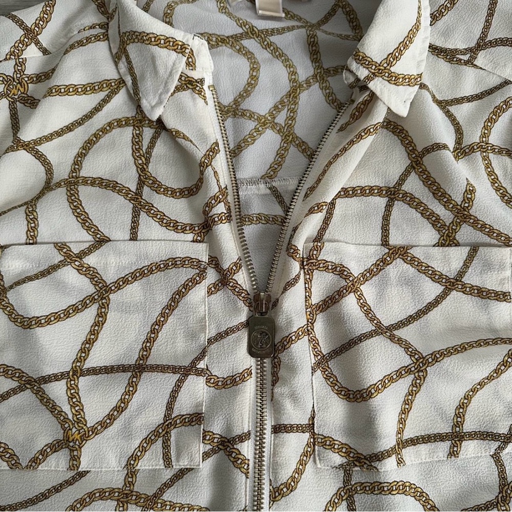 Michael Kors Gold Chain Print Zip Blouse White Long Sleeve Top, Size L - Picture 6 of 7